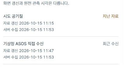 정보별 출처와 갱신 시각을 나타낸 화면